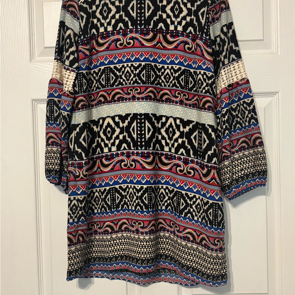 NWOT Boho Patterned Tunic Dress in Black, Blue & Red